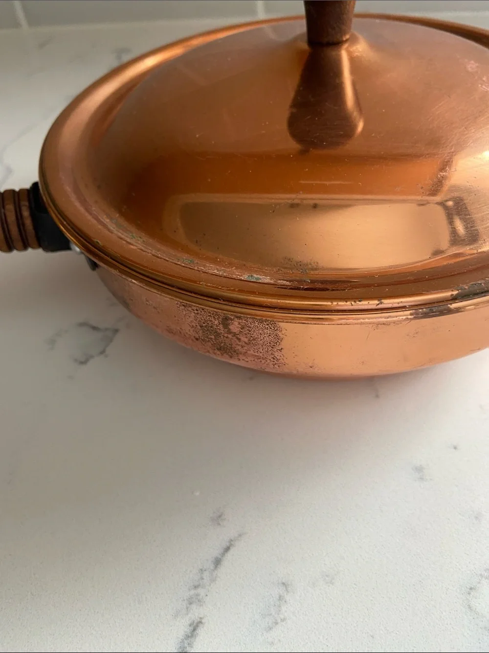 Vintage Copper Aluminum Lidded Skillet Wood Handle 7